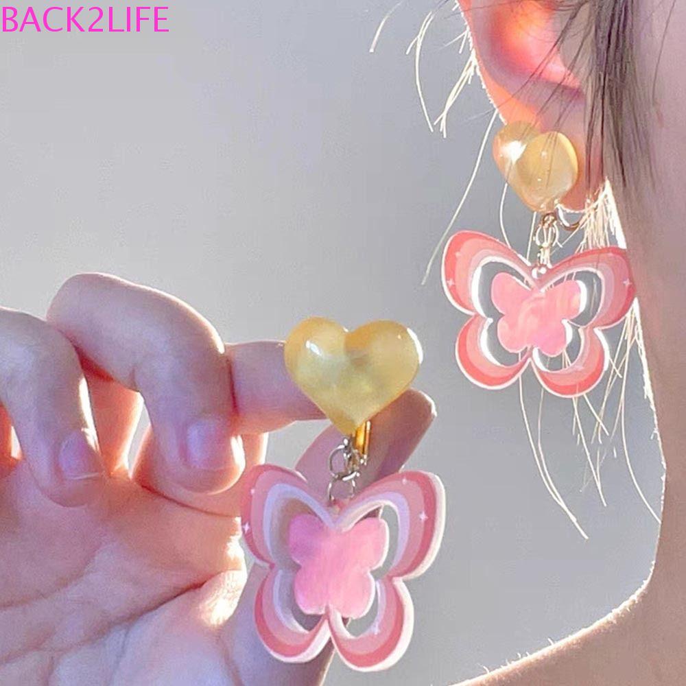 BACK2LIFE Bông Tai Hình Trái Tim / Bướm Bằng Hợp Kim Acrylic Màu Cầu Vồng Phong Cách Hàn Quốc