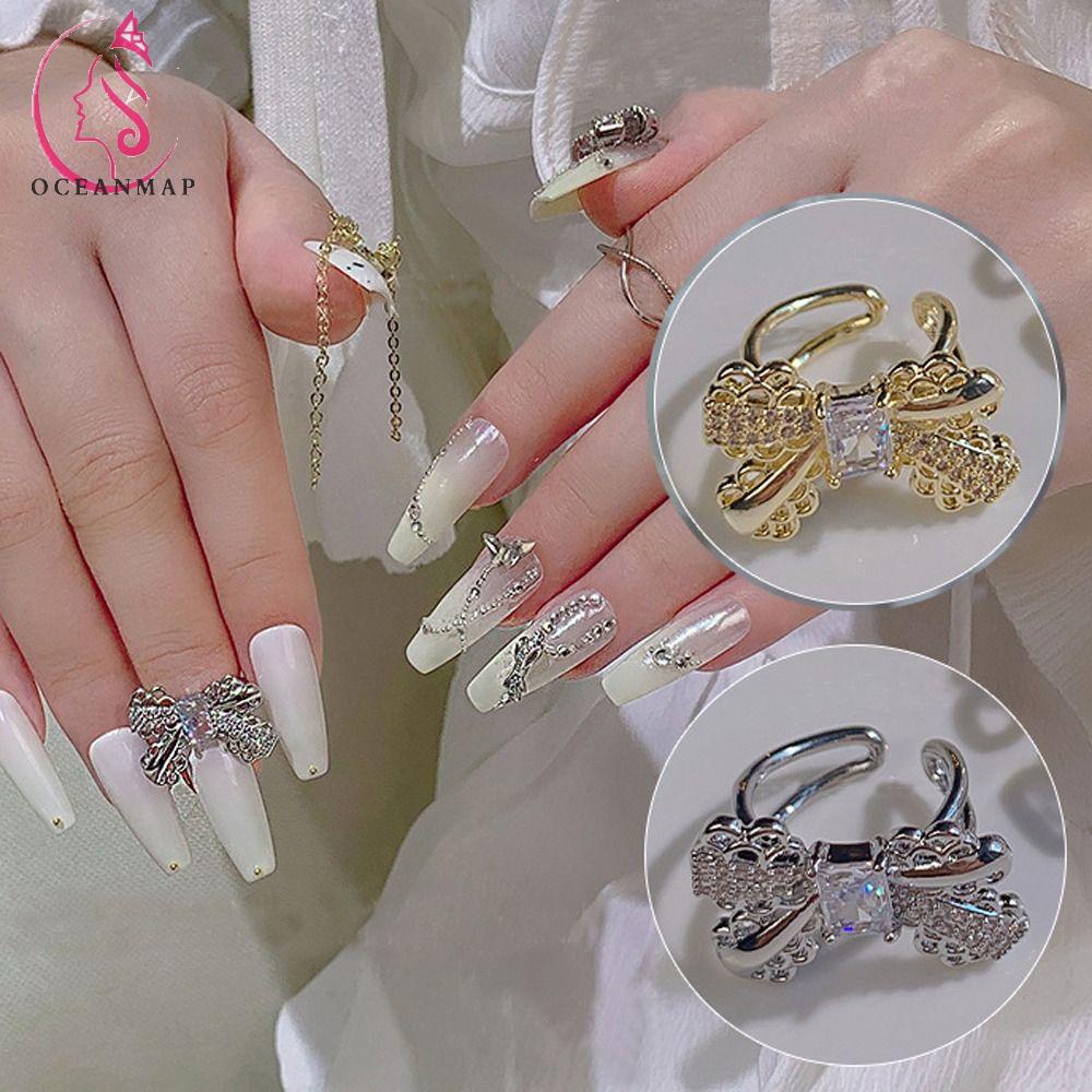 OCEANMAP Nhẫn Đính Đá Lấp Lánh Hình Nơ Sang Trọng Trang Trí Móng Tay DIY