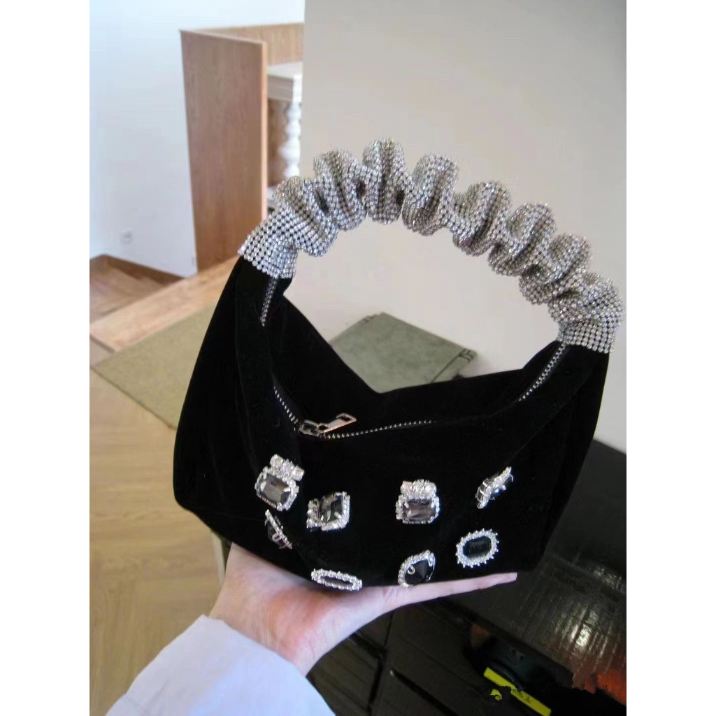 Ví Da Lộn Cầm Tay Đính Đá Nhiều Màu Lấp Lánh Phong Cách Retro Pháp