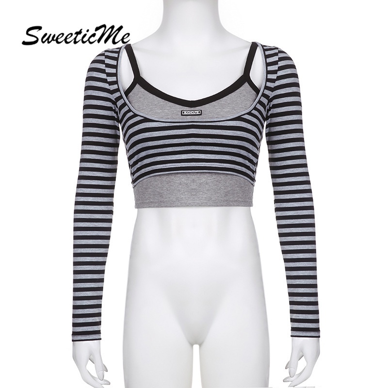 Áo Thun Dài Tay Cổ Chữ V Họa Tiết Kẻ Sọc Thời Trang 2023 Cho Nữ