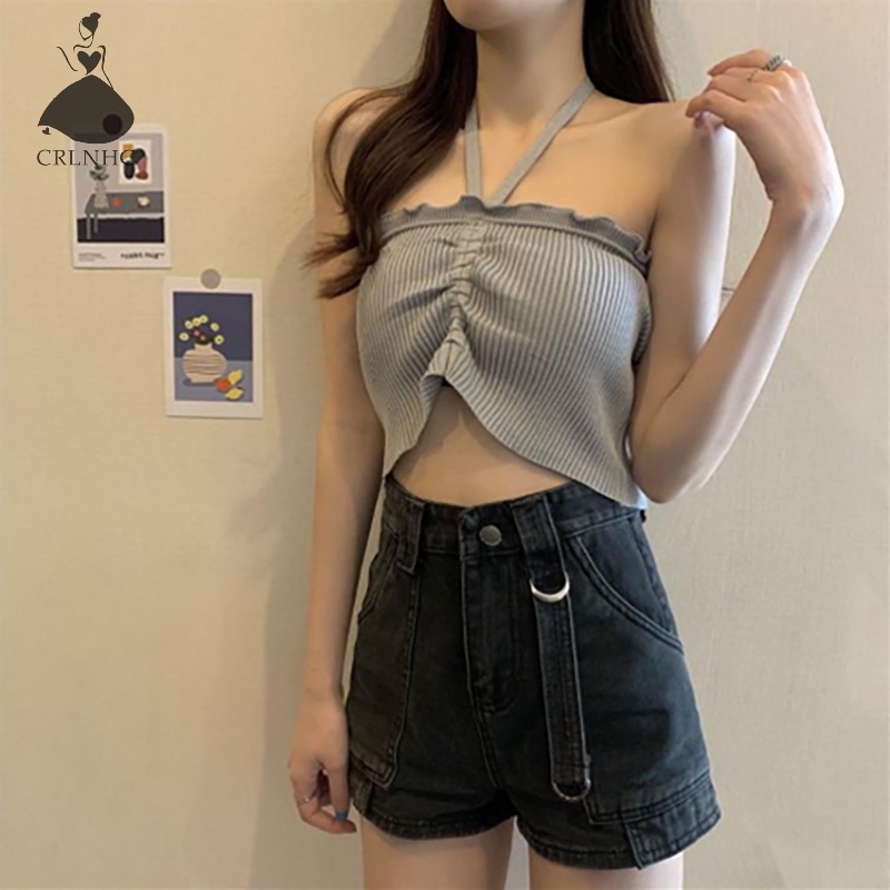 Áo croptop CRLNHC dệt kim hai dây dáng ngắn thời trang mùa hè cho nữ