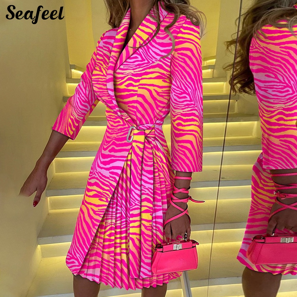 Đầm Cổ V Tay Dài Cột Dây Eo Họa Tiết Hình Học Thời Trang Mùa Thu 44989