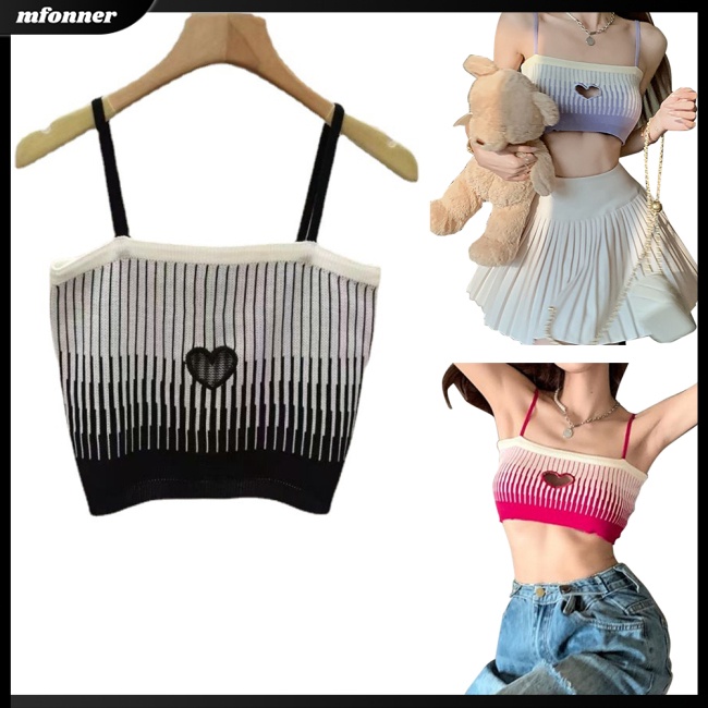 Áo Croptop Dệt Kim Hai Dây Ôm Dáng Màu Sắc Tương Phản Quyến Rũ Cho Nữ