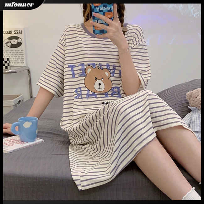 Đồ ngủ Ngắn Tay Họa Tiết Kẻ Sọc Thoải Mái Thân Thiện Với Làn Da Thời Trang Mùa Hè Dành Cho Nữ