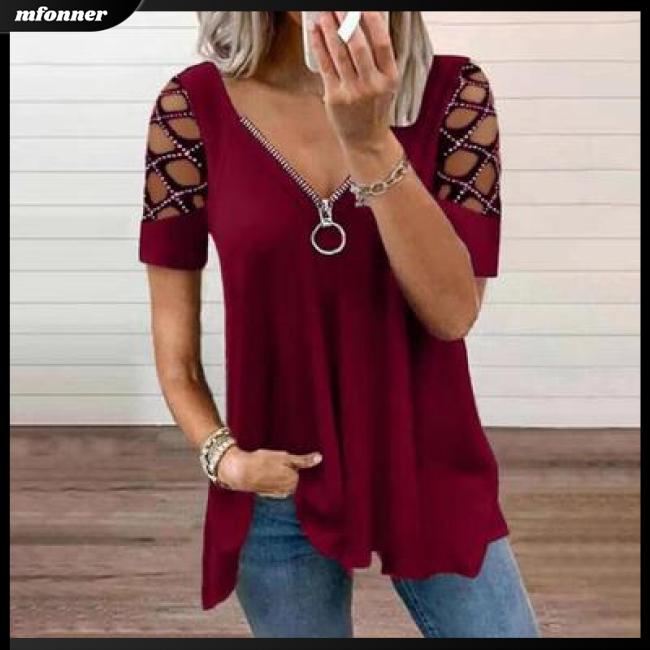 Áo Thun Tay Ngắn Cổ Chữ V Khoét Lỗ Màu Sắc Trơn Thời Trang Mùa Hè Cho Nữ