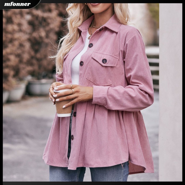 Áo Khoác Nhung Kẻ Tay Dài Màu Trơn Cài Nút Có Túi Dành Cho Nữ