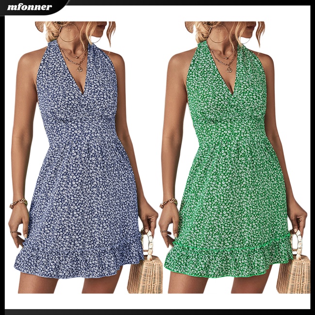 Đầm Ngắn Không Tay Hở Lưng Cổ Chữ V In Hoa Gợi Cảm Cho Nữ