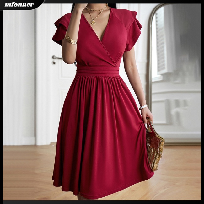 Đầm Midi Tay Ngắn Cổ Chữ V Màu Sắc Trơn Thanh Lịch Dành Cho Nữ