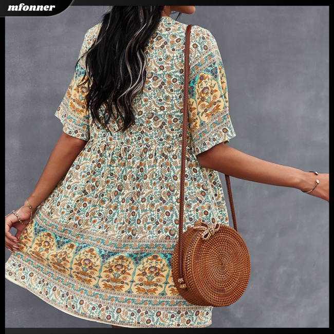 Đầm Tay Ngắn Cổ Chữ V In Họa Tiết Phong Cách Bohemian Thời Trang Mùa Hè Cho Nữ
