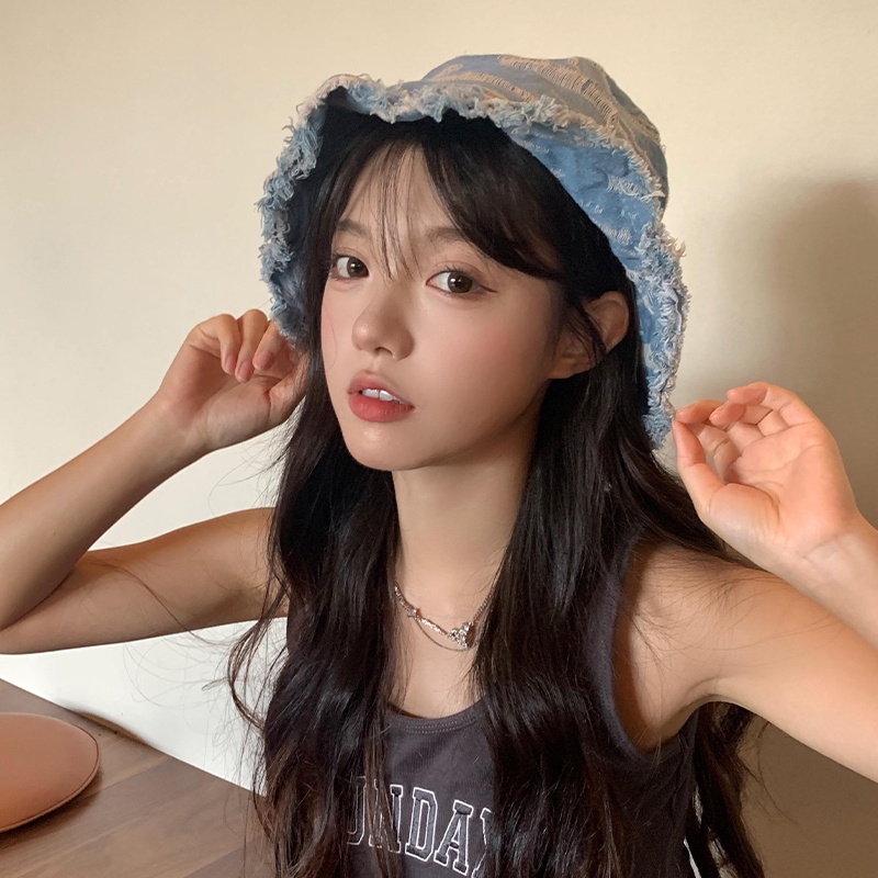 Mũ Bucket Denim Viền Lớn Màu Trơn Phong Cách Nhật Bản Dễ Phối Đồ Cho Nữ