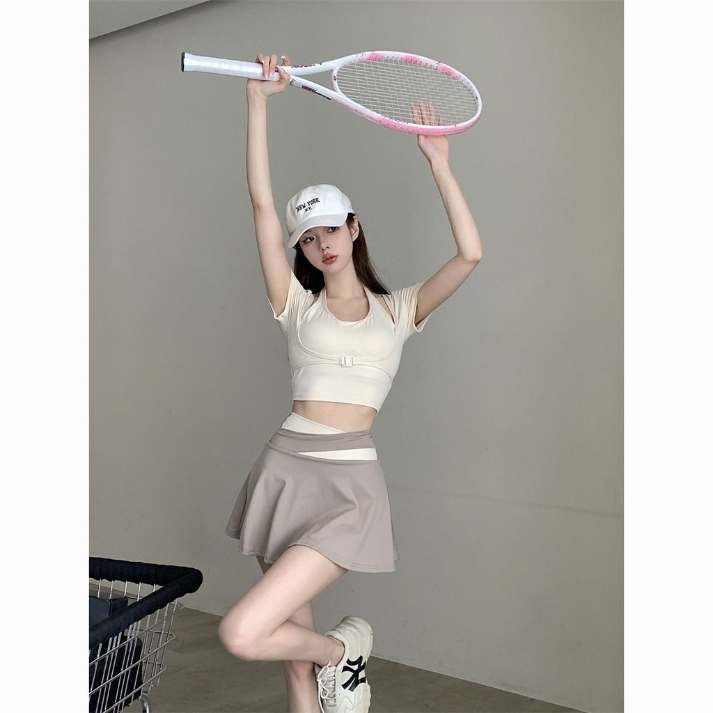 Bộ Đồ Thể Thao 2 Món Áo Tay Ngắn Phối Quần Short Lưng Cao Chống Chói Thời Trang Mùa Hè Cho Nữ