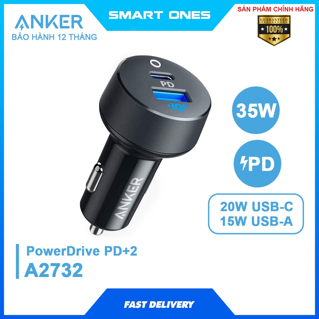 Tẩu Sạc điện thoại trên ô tô Anker 2 Cổng 35W, PowerDrive PD+2 - A2732