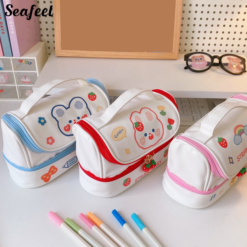 Túi Đựng Bút Chì Hai Lớp Chống Bụi In Họa Tiết Thỏ Đáng Yêu
