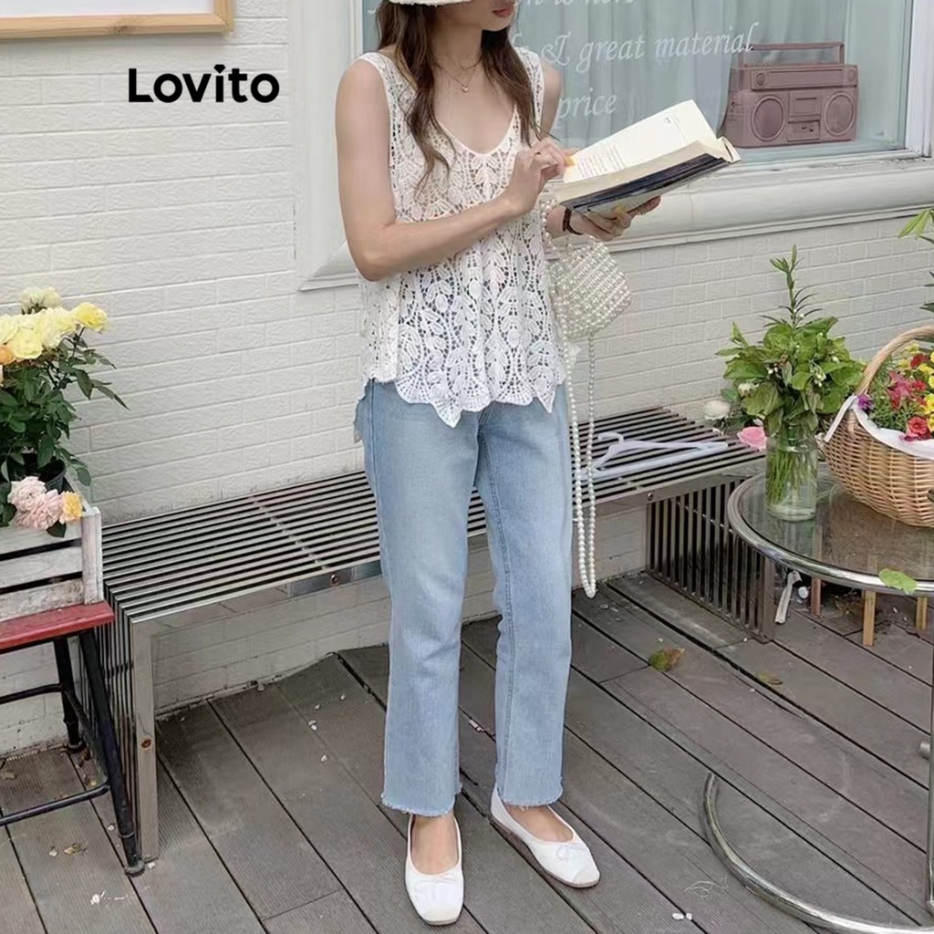 Lovito Áo dệt kim trơn giản dị cho nữ LNE15078 (Trắng)