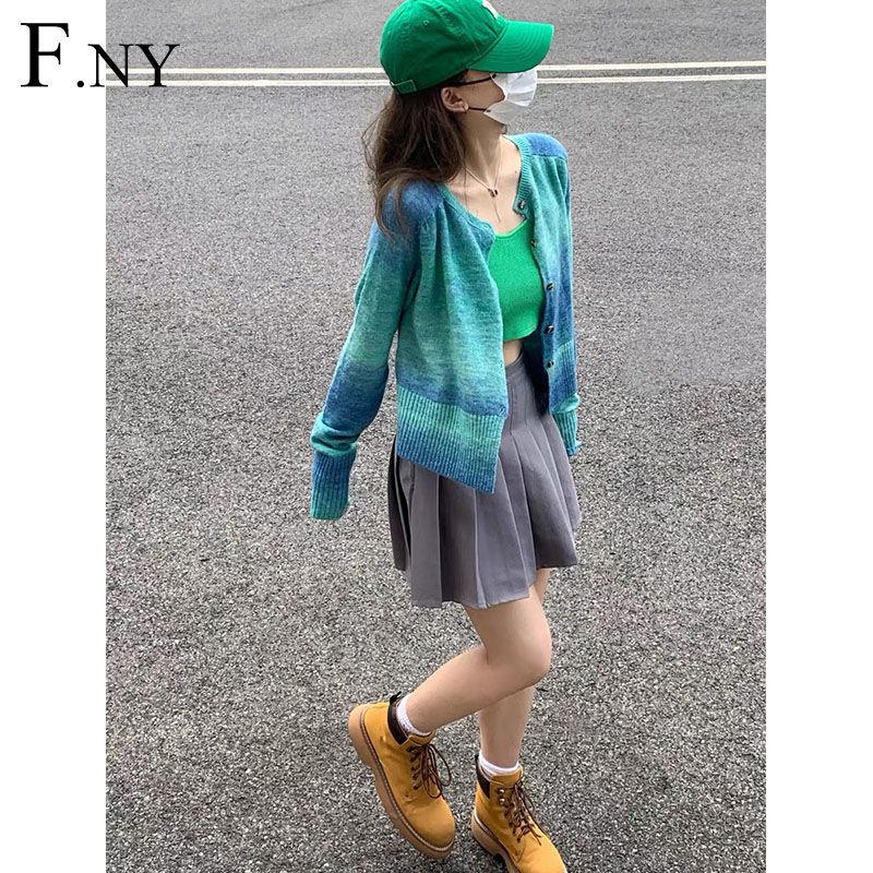 Áo Khoác Cardigan Dệt Kim Mỏng Tay Dài Nhuộm Màu Kiểu Retro Mỹ Xinh Xắn Cho Nữ