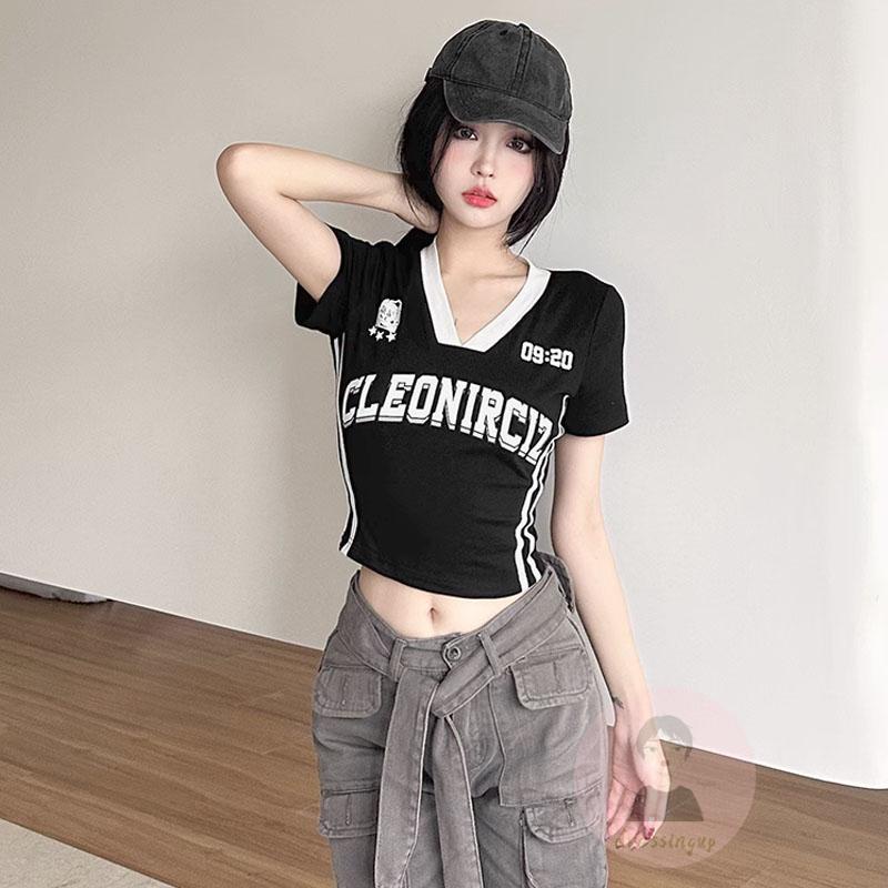 Áo Thun Ngắn Tay Cổ Chữ V Màu Đen In Chữ Thời Trang Mùa Hè Cho Nữ