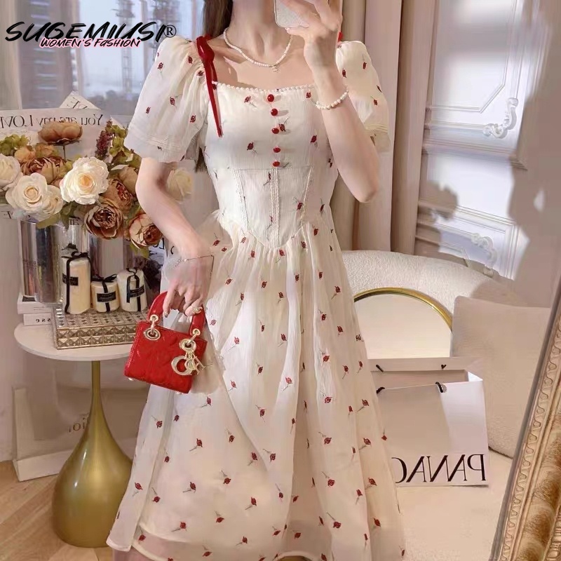 Sugemiusi Đầm Công Chúa Dáng Dài Ôm Eo Họa Tiết Hoa Thời Trang Mùa Hè Pháp