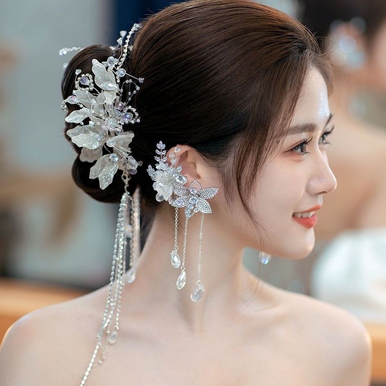 Bông Tai Bạc Hình Hoa Tua Rua Phong Cách Hàn Quốc Cho Cô Dâu