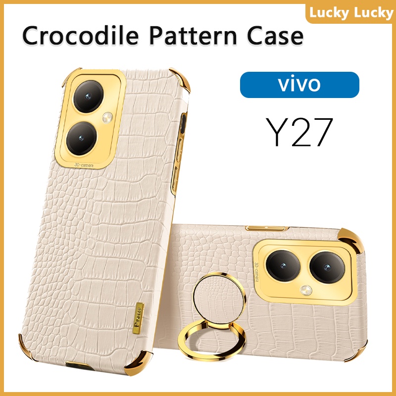 ốp lưng Vivo Y27 Y36 Y35 Y33S Y33T Y30 Y30i Y22 Y21 Y21S Y20 Y20s Y16 Y15s Họa Tiết Cá Sấu Giá đỡ vòng đeo tay PU Cover Máy ảnh bảo vệ toàn diện Mạ vàng Mảnh khảnh cảm xúc tuyệt vời Chống vân tay tản nhiệt lót