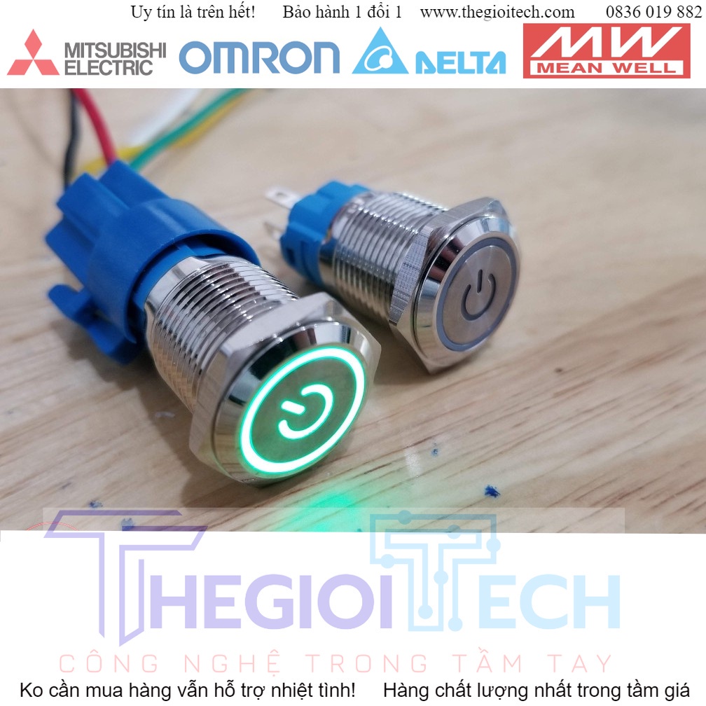 Nút nhấn giữ vỏ kim loại phi 16mm, điện áp 24V, chống thấm nước, đèn hình biểu tượng nguồn - BN1624PLR - Xanh lá