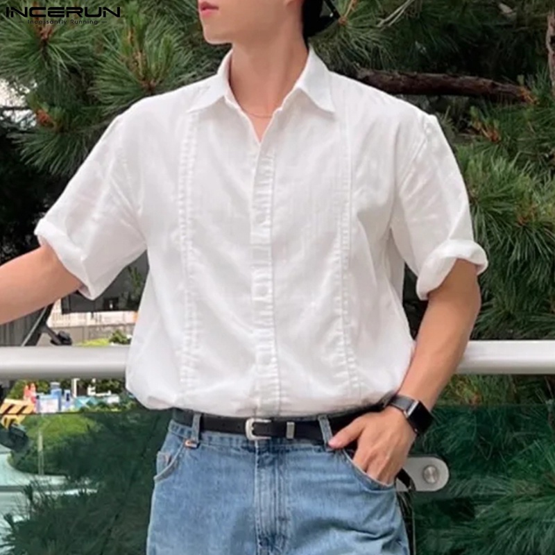 INCERUN Áo Sơ Mi Cotton Lanh Ngắn Tay Màu Sắc Đơn Giản Thời Trang Hàn Quốc Cho Nam