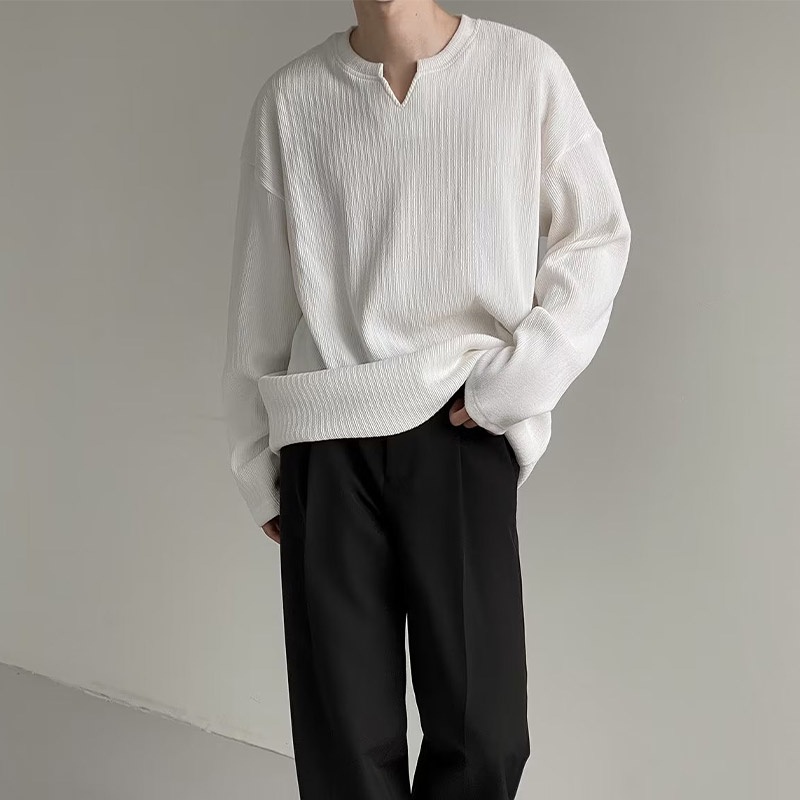 Áo len dệt kim HANLU dài tay kẻ sọc thiết kế giản dị cho nam