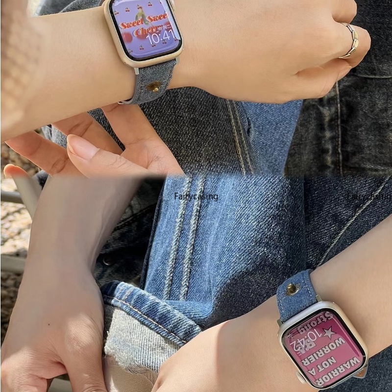 Dây Đeo Đồng Hồ Bằng Da Và Denim Cho iWatch Series 42mm 41mm 40mm 44mm 45mm 38mm 49mm Ultra 8 7 6 5 4 SE