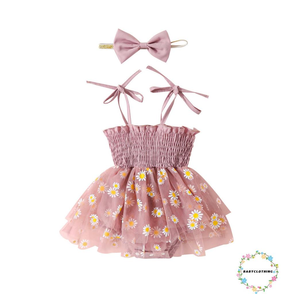 Babyclothes-baby girls romper set spaghetti straps xếp ly hoa in tulle patchwork a-line dress with bowknot headband