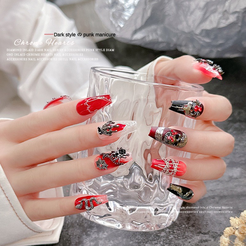 Trang trí nghệ thuật móng tay hình đầu lâu nhện theo phong cách tối / Súng kim loại trang trí móng tay rắn đen