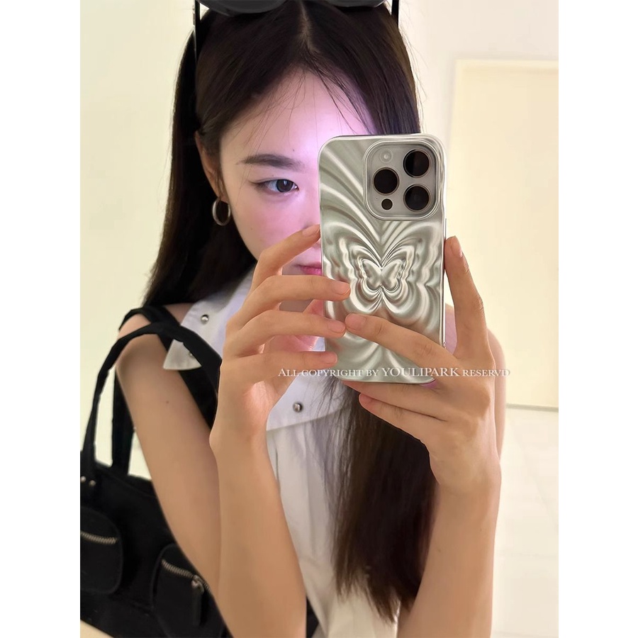 Ốp Điện Thoại Màu Bạc Họa Tiết Bươm Bướm Sang Trọng Chống Rơi Cho Iphone13 14pro 13pro 14 14promax 14