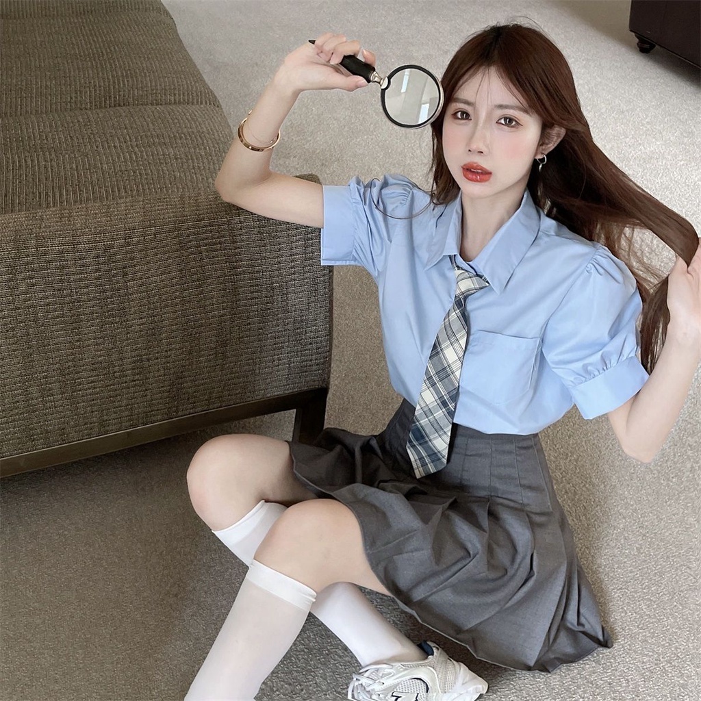 𝒀𝒂𝒏𝒚𝒂𝒏 Áo Sơ Mi Tay Phồng Kèm Cà Vạt Kiểu Cách Nữ Sinh Học Sinh Mới