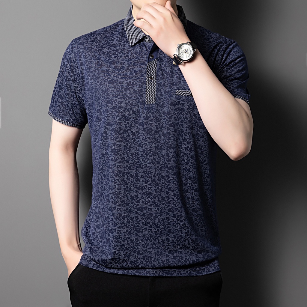 Áo Thun Polo Vải Lụa Lạnh Dáng Rộng In Họa Tiết Có Túi Thời Trang Mùa Hè Cho Nam Trung Niên