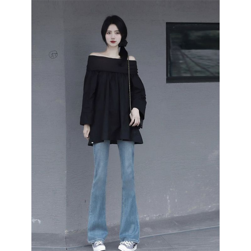 S-xl black shirt loose off-the-shoulder long-sleeved one