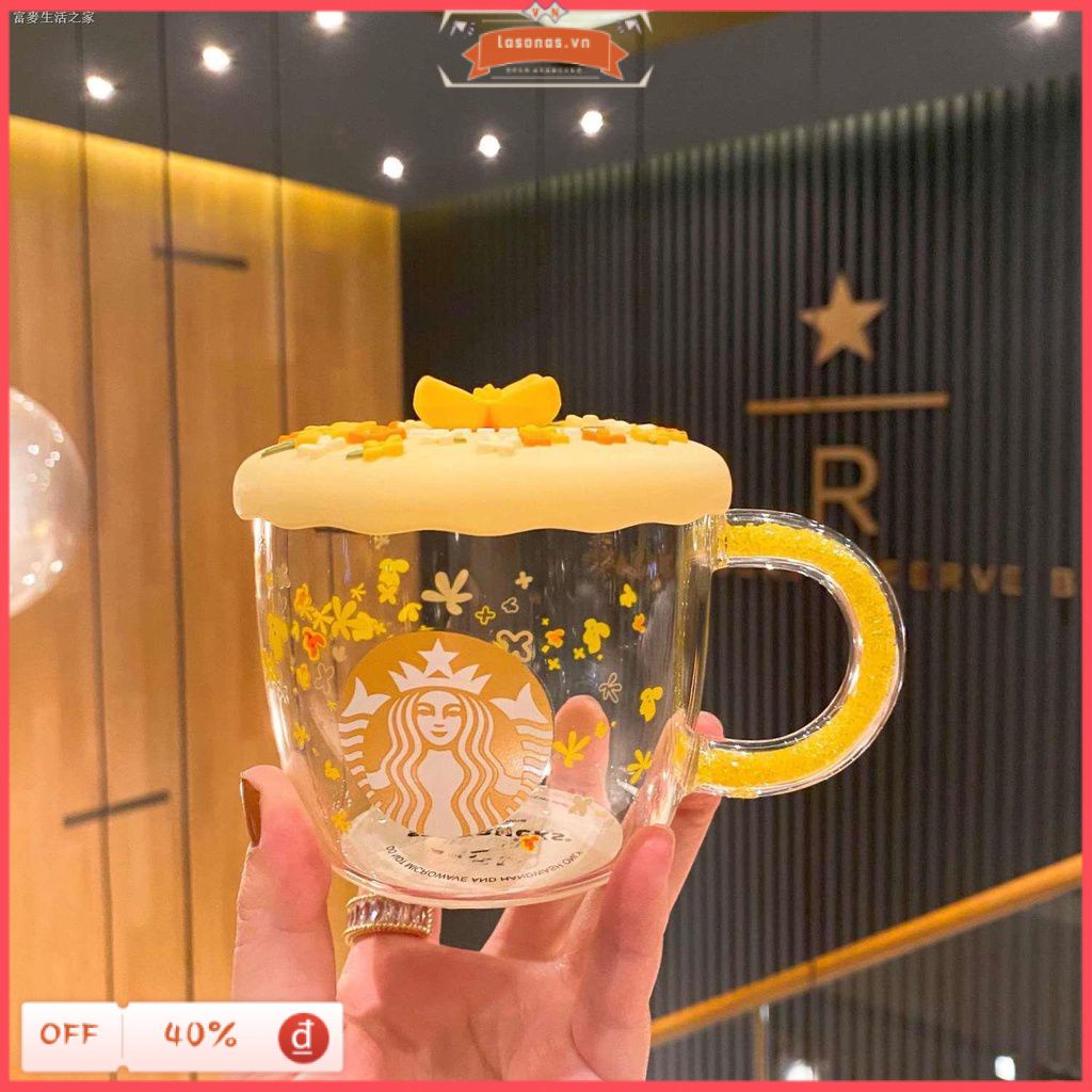 【lasonas】 Vận chuyển 24 giờ = Cốc thủy tinh Uống cà phê Sữa Starbucks Starbucks Nữ thần hoa hồng vàng mùa thu có tay cầm kim cương chịu nhiệt