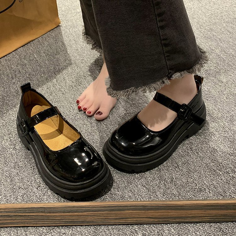 Mary jane shoe woman 2023 mới đế dày chiều cao tròn ngón chân nhỏ cô gái giày da