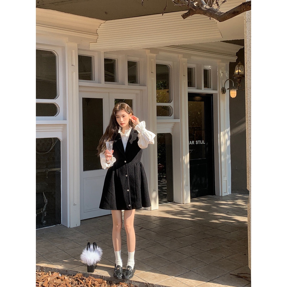 Set Áo Sơ Mi + Đầm Sát Nách Nhấn Eo Phong Cách Hàn Quốc