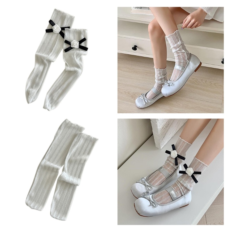 Đôi Vớ Co Giãn Phối Ren Đính Nơ Đáng Yêu Cho Nữ