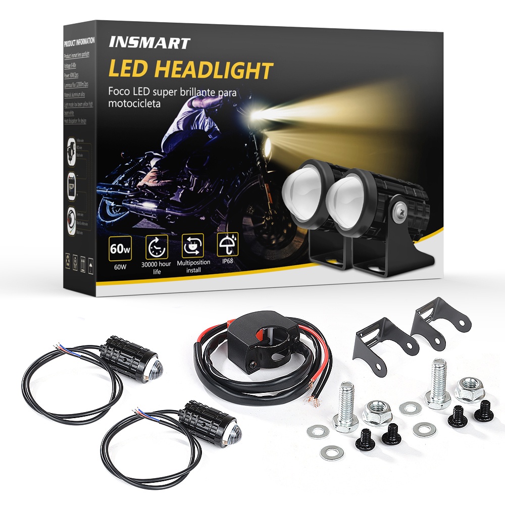 Xps set 2 Đèn Pha led 60w mini Siêu Sáng 2 Màu Mắt Cá Kép Cho Xe Hơi / Xe Máy