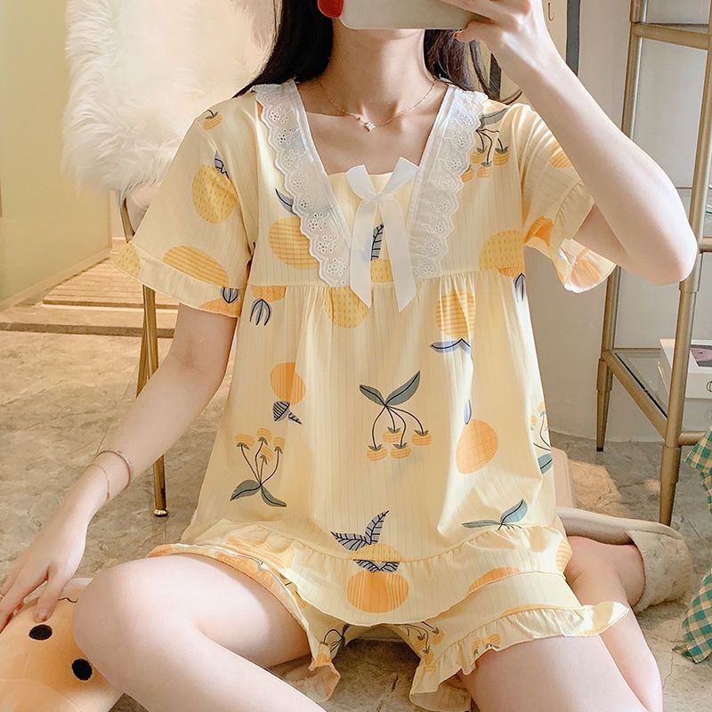 Pyjamas women summer new style short-sleeved shorts phiên bản hàn quốc sweet princess style student cute two-piece pyjamas home service flu