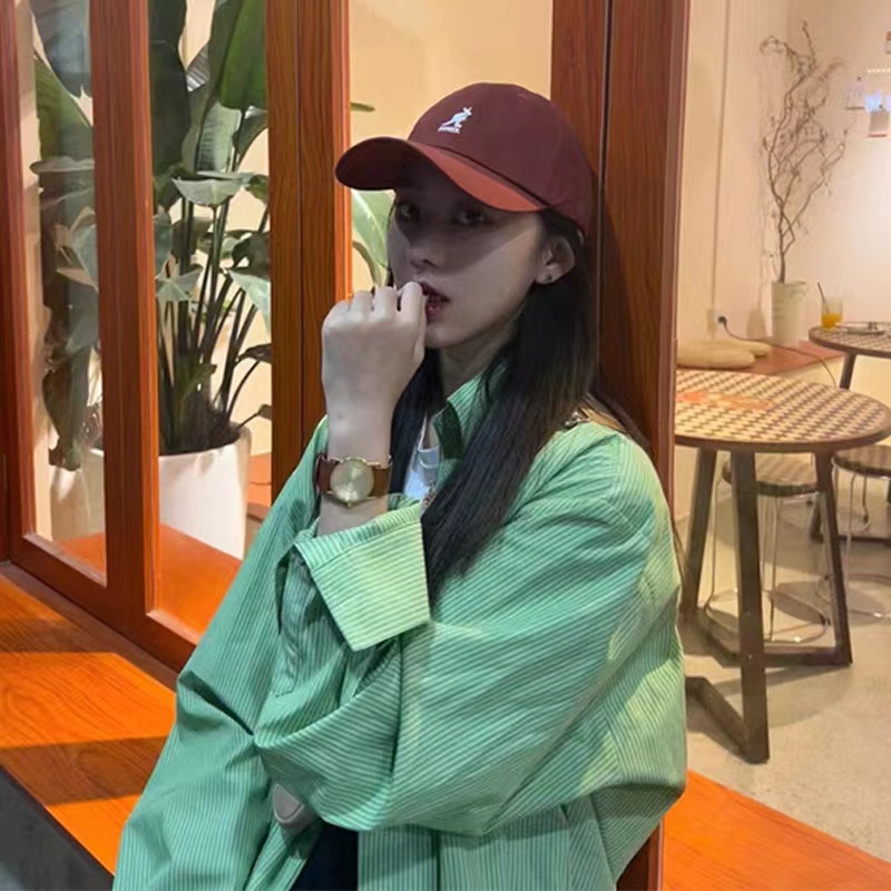 Suxi summer all match áo sơ mi sọc chống nắng đơn giản màu xanh lá cây lỏng lẻo cho áo dài tay của phụ nữ