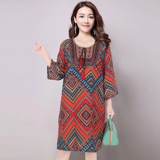  Thone Đầm midi Ngắn Dáng Rộng Cổ Tròn Thêu Hoa Phong Cách Ấn Độ Thời Trang Đi Biển Cho Nữ 