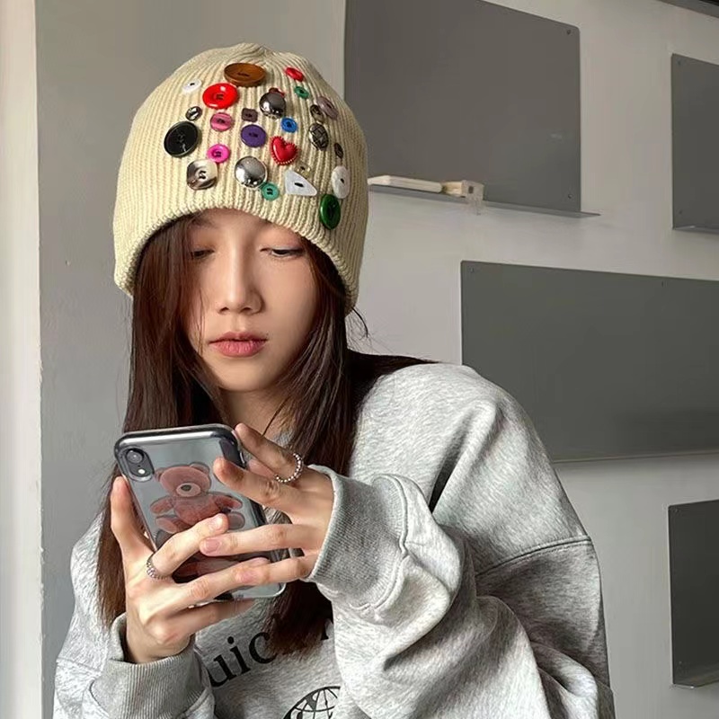 Mũ dệt kim nút đầy màu sắc thời trang phong cách hàn quốc
