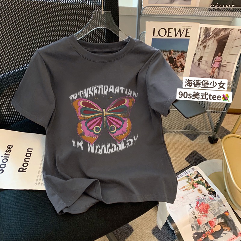 Fashmily 100% cotton lỏng tay áo t-shirt nữ phiên bản hàn quốc mùa hè mới tees dễ thương in hình bướm lỏng quá khổ cô gái béo áo sơ mi nữ