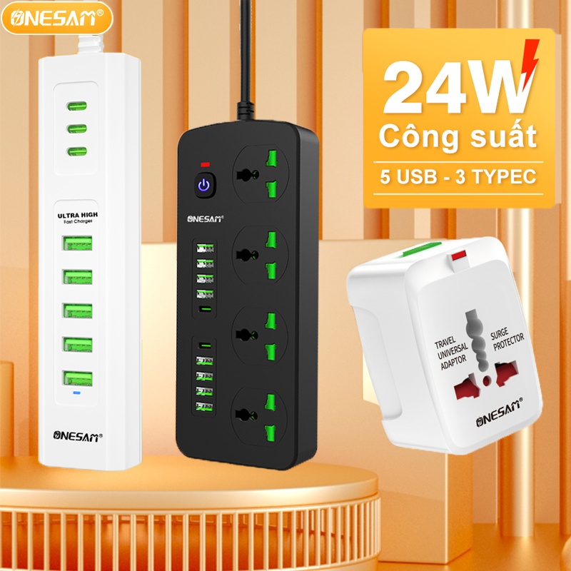 Ổ Cắm điện đa Chức Năng Onesam 3000w Với Cổng Usb Typec, Nhựa Pc Chống Cháy, Cáp Mở Rộng 2m, 0m