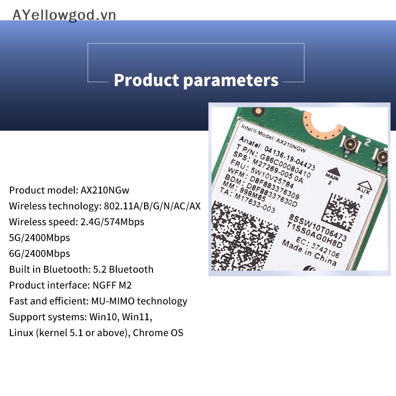 Ayellowgod for laptop pc wifi 6e intel ax210 bluetooth 5.2 m.2 card không dây ax210ngw 2.4ghz 5ghz 6ghz 5374mbps 802.11ax ax200 adapter vn