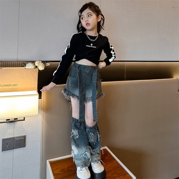 Set Áo Thun Tay Dài Phối Quần jeans Dài Thời Trang Mùa Thu Mới Cho Bé Gái