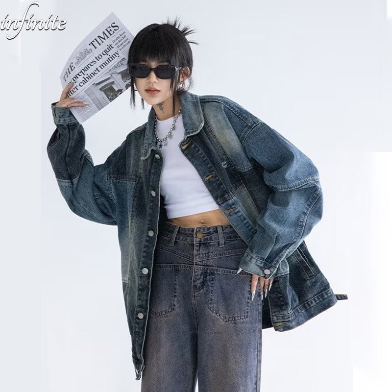 Áo khoác nam thời trang thiết kế đường phố mỹ sense stitching top loose casual all-match long-leeved denim jacket