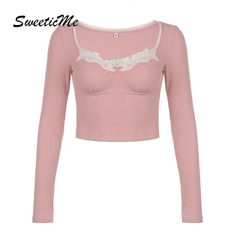 Sweeticme women's 2023 thời trang mới màu tương phản cổ vuông dài tay áo ren nơ dệt kim t-shirt