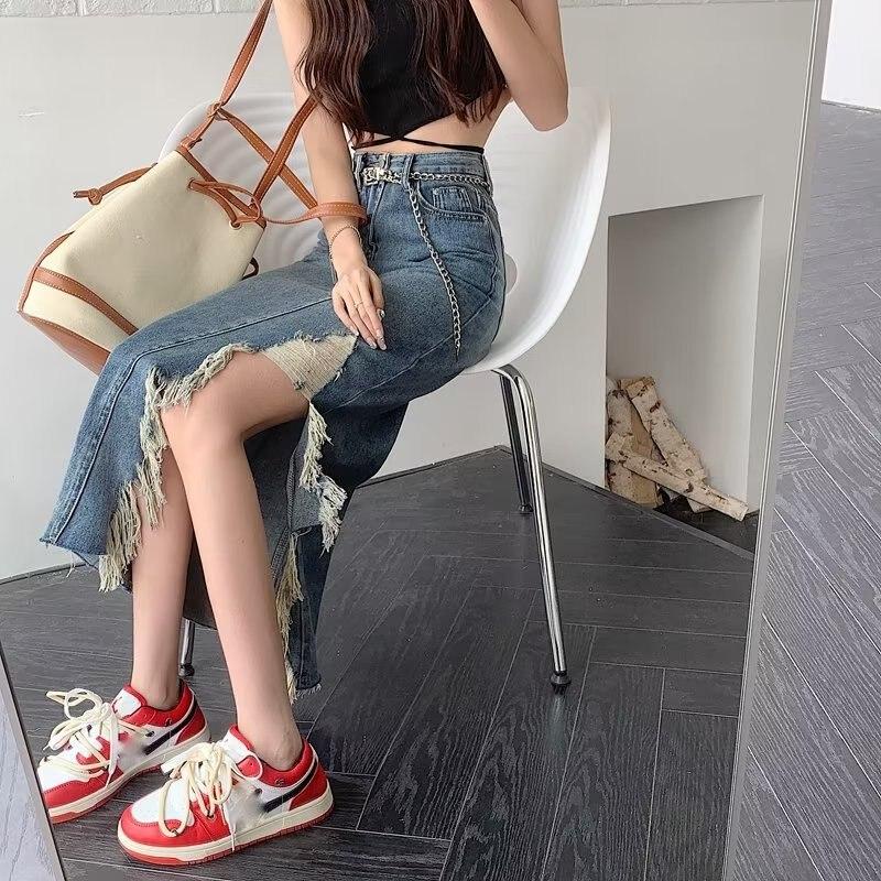 Qooth Nữ S-5XL Kích Thước Khe Bút Chì Váy Denim Thanh Lịch Lưng Co Giãn Oversize Bất Đối Xứng Váy Chữ A Cho Xuân Hè QT2204
