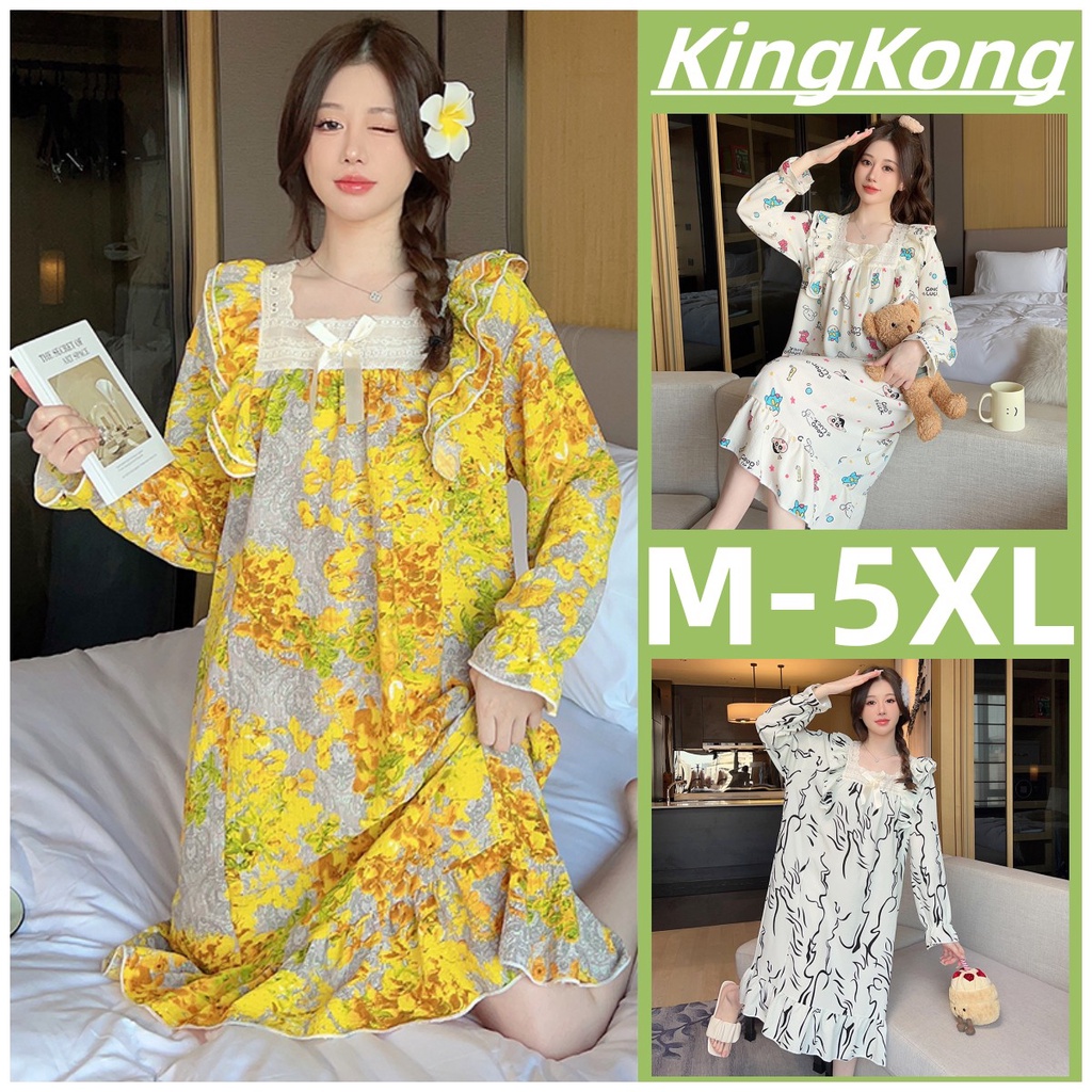 Thực vật in hoa váy ngủ bộ đồ ngủ cotton plus size váy ngủ rời dài tay đồ ngủ đồ ngủ phụ nữ m-5xl